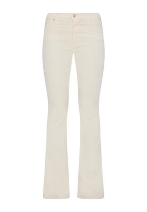 Cream-colored flared jeans made from soft cotton. Features five pockets, a front button closure, and a slightly stretchy fabric for comfort.