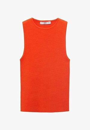 Top bez rukava, svijetlo narančaste boje, pleten s okruglim izrezom i uskim krojem. Tkanina je glatka i teksturirana, dizajnirana za svakodnevno nošenje.