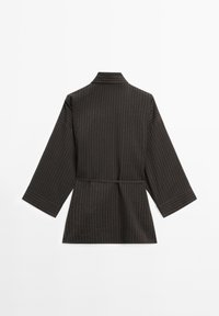 Dark striped robe with a collar and wide sleeves, featuring a tied belt at the waist, displayed against a plain white background.