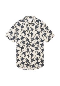 Lyhyet hiharat särkissä, valmistettu kermavärisestä kankaasta, jossa on musta kukkakuosi lehtineen. Napit edessä ja klassinen kauluksessa.