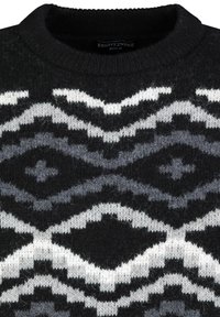 Zwarte gebreide trui met een geometrisch patroon in wit en verschillende grijstinten, voorzien van een geribde ronde hals en een fluweelachtige textuur.