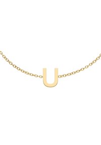 Kultaketju, jossa on suuri, kiillotettu "U"-kirjainriipus. Ketju on herkkä ja sen lenkit ovat tasaisesti sijoitettuja. Yksinkertainen ja moderni muotoilu.
