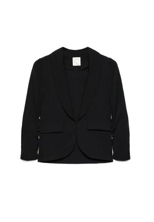 Blazer nero da donna con maniche lunghe, collo a scialle, due tasche frontali con patta e orlo leggermente curvo, mostrato su sfondo bianco.