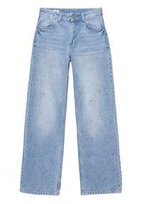 Lichtblauwe wijde jeans van denim met een knoop- en ritssluiting aan de voorkant, vijf zakken en subtiele vervaging op de dijen.