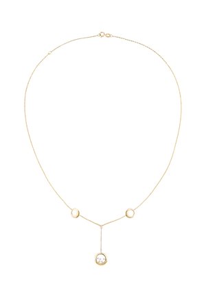 Goldfarbene Halskette mit drei runden Akzenten und einem zentralen Tropfanhänger, der einen klaren Stein auffängt. Zarte Kettentextur, minimalistisches Design.