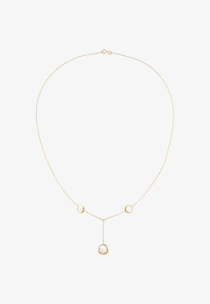 Kuldtooniga kaelakee, millel on kolm ümmargust aktsenti ja keskmine ripats, millel on selge kivi. Õrn kettstruktuur, minimalistlik disain.