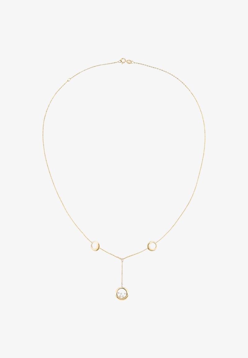 Guldfarvet halskæde med tre cirkulære udsmykninger og en central hængende vedhæng med en klar sten. Delikat kædetekstur, minimalistisk design.