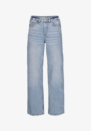 Lichtblauwe wijde jeans van denim. Beschikt over een hoge taille, zijzakken en een knoopsluiting. Verbleekte was met subtiele textuur.