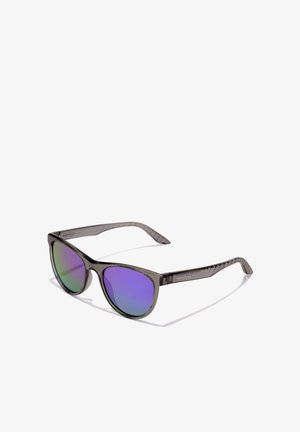 Gray sunglasses with cat-eye design, featuring mirrored purple lenses and textured black arms. Lightweight plastic material.