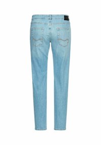 Jasnoniebieskie jeansy slim fit z niskim stanem, z dwiema tylnymi kieszeniami i przeszyciami. Gładka tekstura denimu.