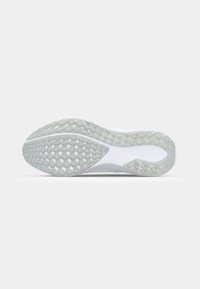Shoe sole with a textured, gum rubber surface, featuring a diamond pattern and a curved outline. Predominantly white with light gray accents.