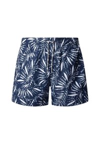 Marineblå badeshorts med hvidt mønster af tropiske blade, elastik i taljen og hvid snøre med sort tekst.