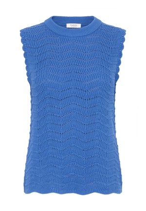Haut sans manches en tricot bleu avec bords festonnés, encolure ronde et motif ondulé texturé sur tout le tissu.