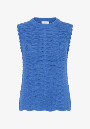 Kék kötött ujjatlan felső hullámos szegélyekkel, kerek nyakkivágással és hullámmintás textúrával az egész anyagon.