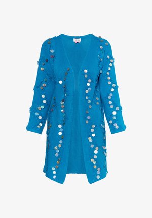 Turkoosi neulecardigan, jossa on syvä V-pääntie, ripoteltuja heijastavia paljetteja ja purjehtivia reunoja, 3/4-pituiset hihat.