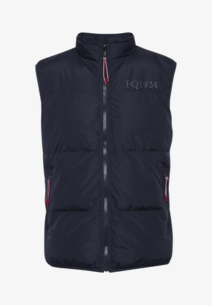 Marineblå puffervest med høy krage, frontglidelås, røde detaljer på lommene, og 'FQL924' logo trykket på brystet. Glatt, polstret tekstur.