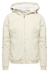 Light beige hoodie jacket with a zipper, fleece lining, two side pockets, and ribbed cuffs and hem. Features a drawstring hood.