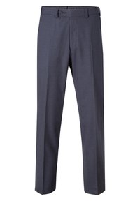 Dark gray trousers made of smooth fabric; tailored design with a straight leg, side pockets, and a button closure at the waistband.