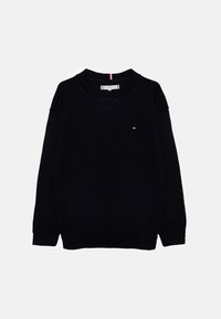 Sudadera negra de algodón con cuello redondo, puños y bajo acanalados, que presenta un pequeño logo en el pecho.