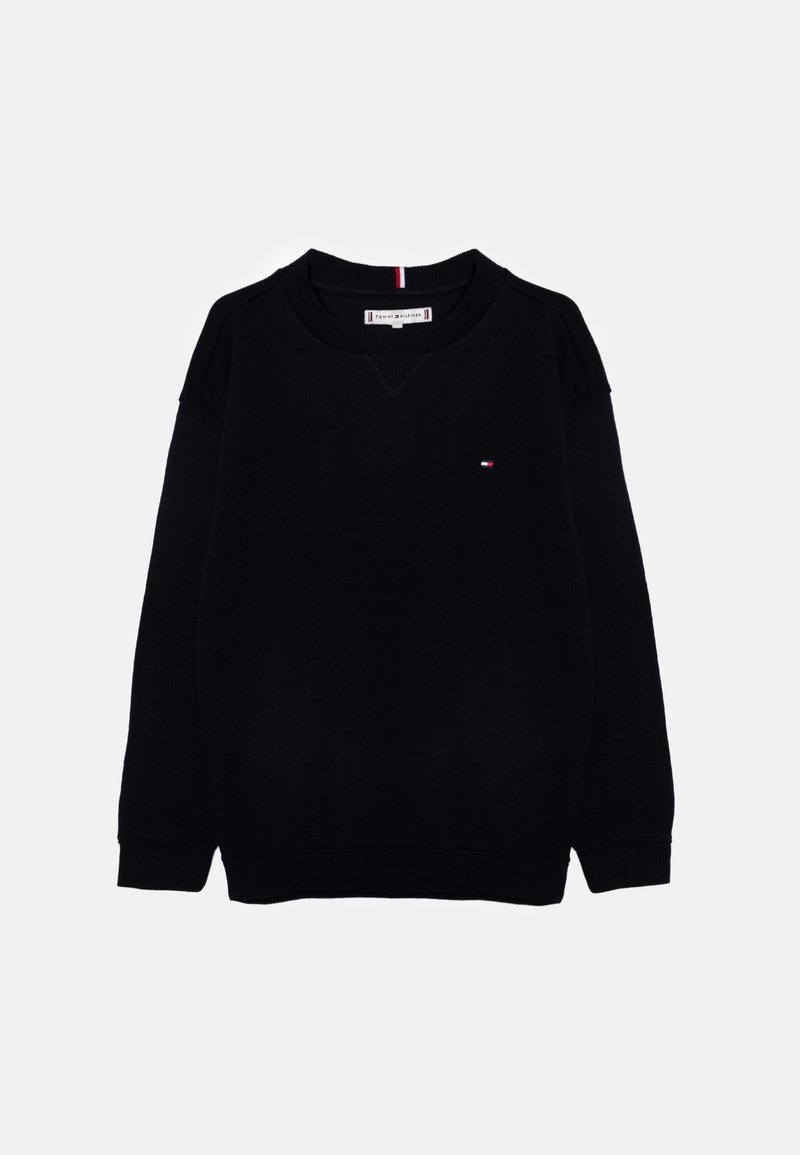 Sudadera negra de algodón con cuello redondo, puños y bajo acanalados, que presenta un pequeño logo en el pecho.