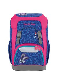 Sac à dos pour enfants violet et rose avec des motifs de dauphins, des éléments décoratifs, des motifs floraux, des bretelles ajustables et une poche avant.