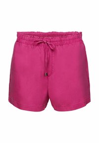 Shorts décontractés rose vif avec taille élastique et cordon de serrage noué à l'avant, fabriqués en tissu léger.