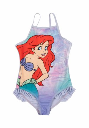Einteiliger Badeanzug mit Grafik einer rothaarigen Meerjungfrau, lila Muscheloberteil, grünem Schwanz und pastellfarbenem Hintergrund mit Schlossillustration.