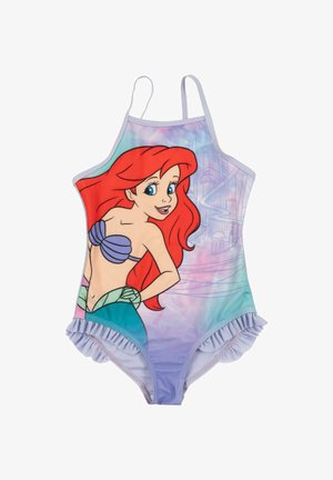 Costume intero con grafica di sirena dai capelli rossi, top viola con conchiglia, coda verde e sfondo pastello con illustrazione di castello.