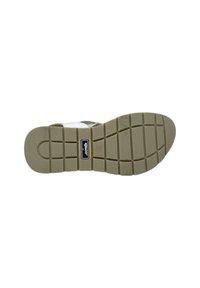 Schuhsohle mit einer strukturierten GummOberfläche; mit quadratischen und rechteckigen Mustern; beige Farbe; Markenlogo in der Mitte sichtbar.