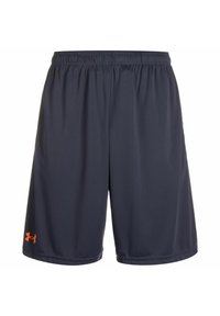 Marineblauwe sportshorts met een elastische tailleband, gemaakt van lichtgewicht stof. Heeft een oranje logo op de linkerzoom.