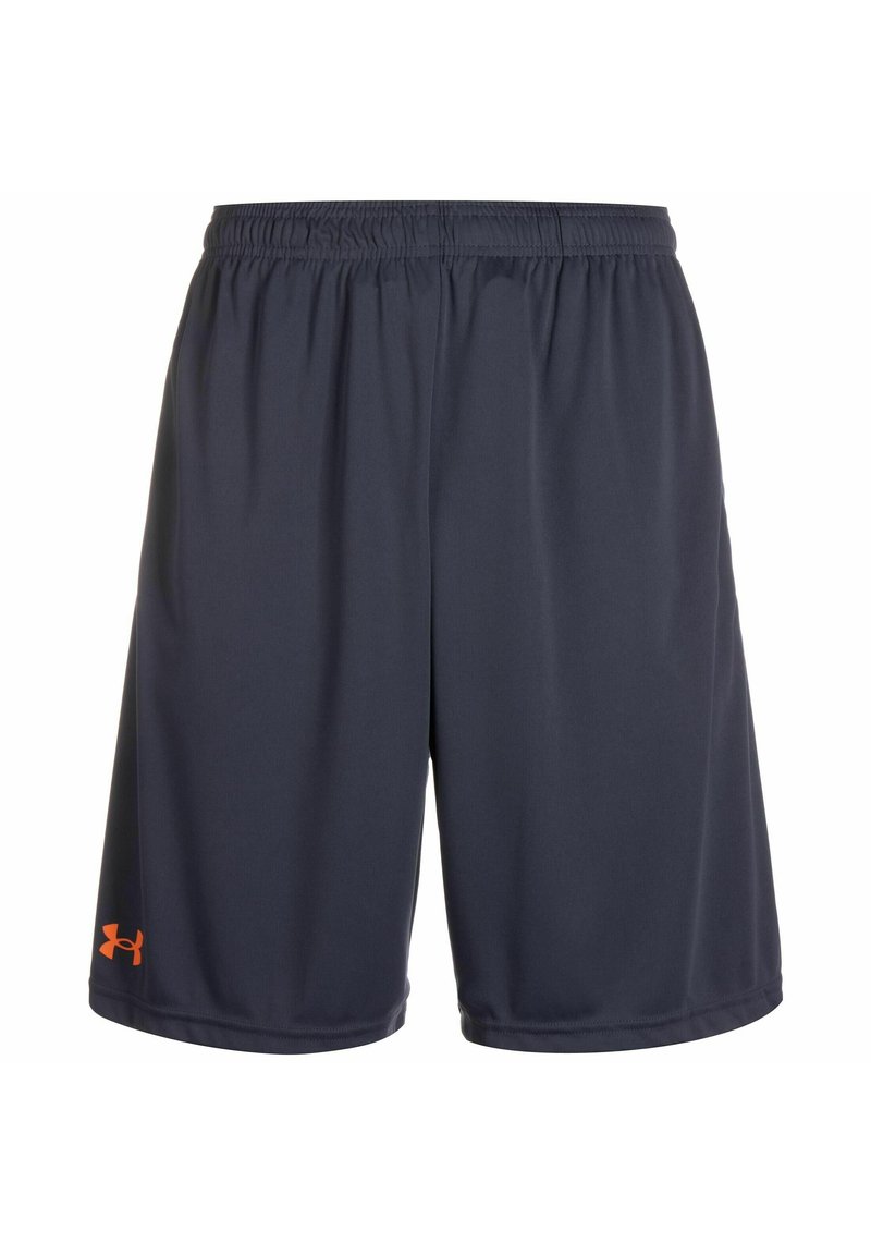 Marineblauwe sportshorts met een elastische tailleband, gemaakt van lichtgewicht stof. Heeft een oranje logo op de linkerzoom.