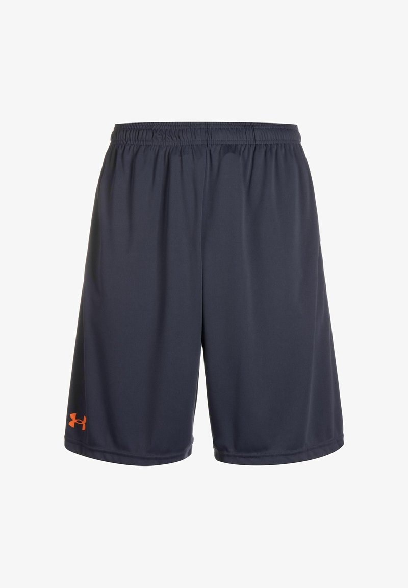 Marineblauwe sportshorts met een elastische tailleband, gemaakt van lichtgewicht stof. Heeft een oranje logo op de linkerzoom.