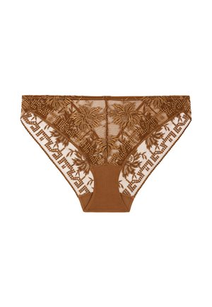 Sous-vêtements en dentelle marron avec broderies florales et un panneau en tissu lisse à l'avant, dotés d'une coupe taille basse et de bords festonnés.