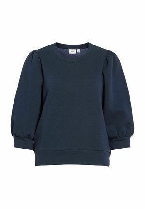 Mörkblå sweatshirt med puffade trekvartslånga ärmar och ribbade muddar och fåll, rund halsringning och VILA-varumärkesetikett inuti kragen.