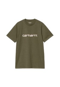 Camiseta de algodón verde oliva con mangas cortas, cuello redondo y un logo blanco de "carhartt." en la parte frontal. Corte clásico con un diseño minimalista.