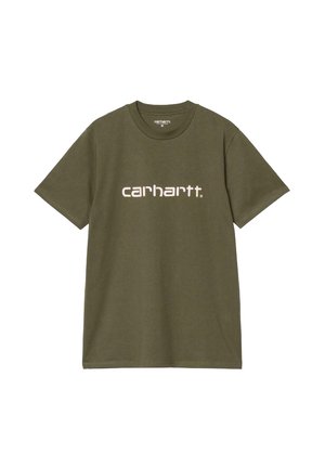 Camiseta de algodón verde oliva con mangas cortas, cuello redondo y un logo blanco de "carhartt." en la parte frontal. Corte clásico con un diseño minimalista.