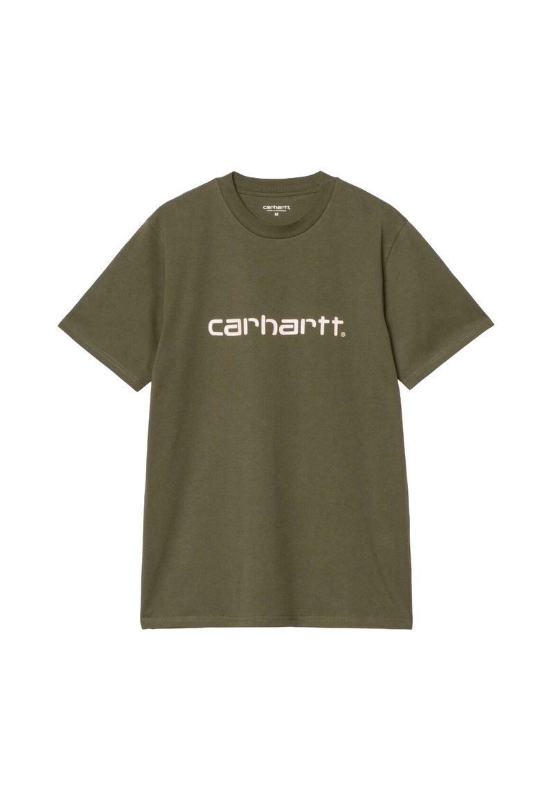 Camiseta de algodón verde oliva con mangas cortas, cuello redondo y un logo blanco de "carhartt." en la parte frontal. Corte clásico con un diseño minimalista.