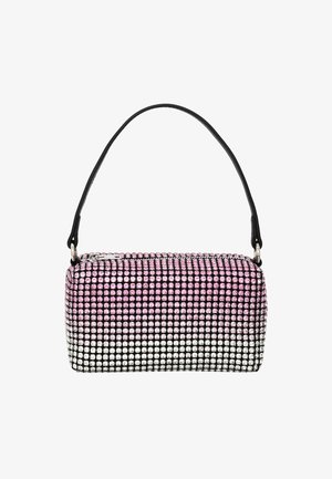 Sac à main rectangulaire avec une poignée noire, couvert de strass roses et argentés, présentant un motif ombré et une fermeture éclair.