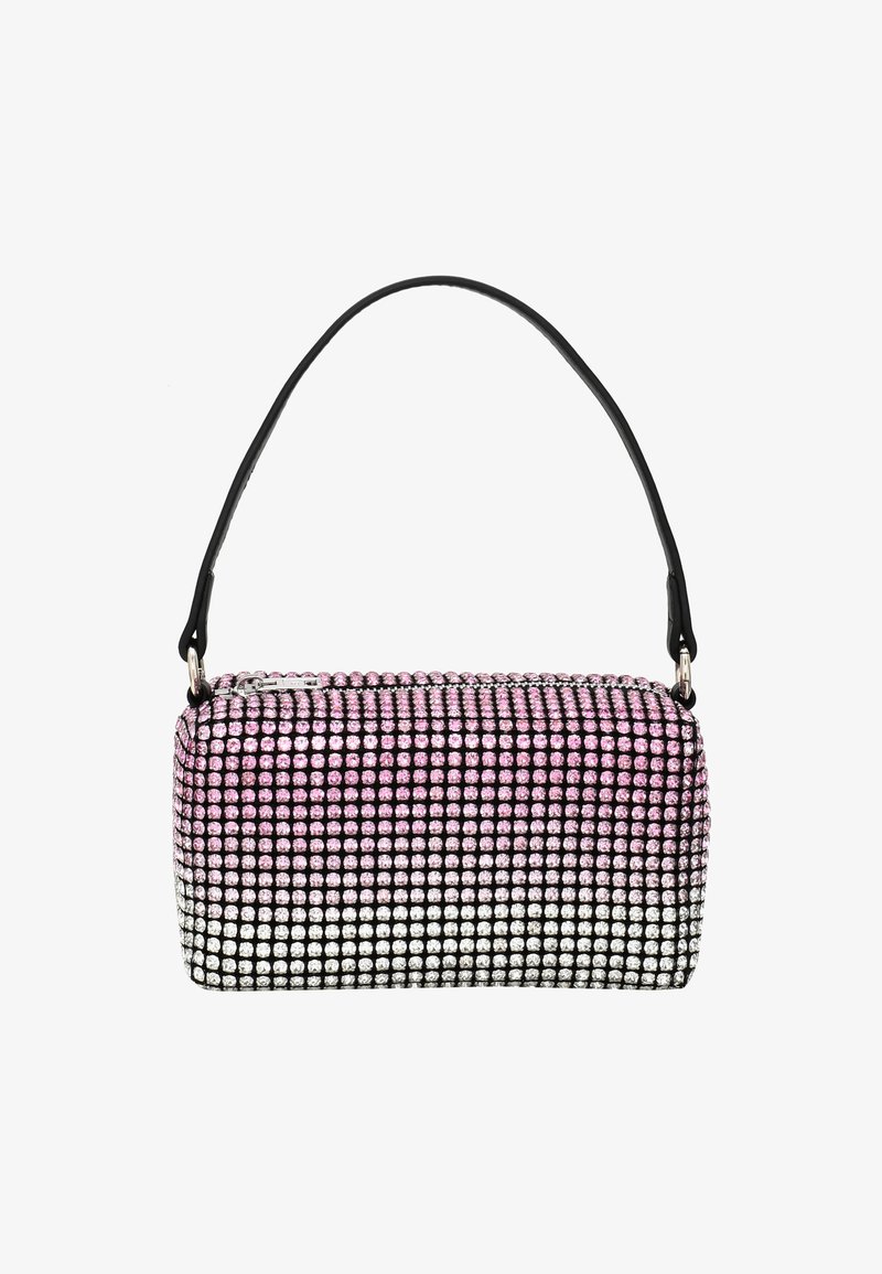 Rektangulär handväska med ett svart handtag, täckt av rosa och silverfärgade rhinestones, med ett ombre-mönster och en dragkedjestängning.