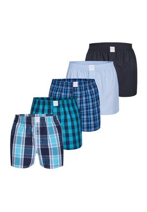 Cinq paires de caleçons pour hommes à taille élastique en tons de bleu et noir, présentant des motifs unis et à carreaux variés, soigneusement disposées en rangée.