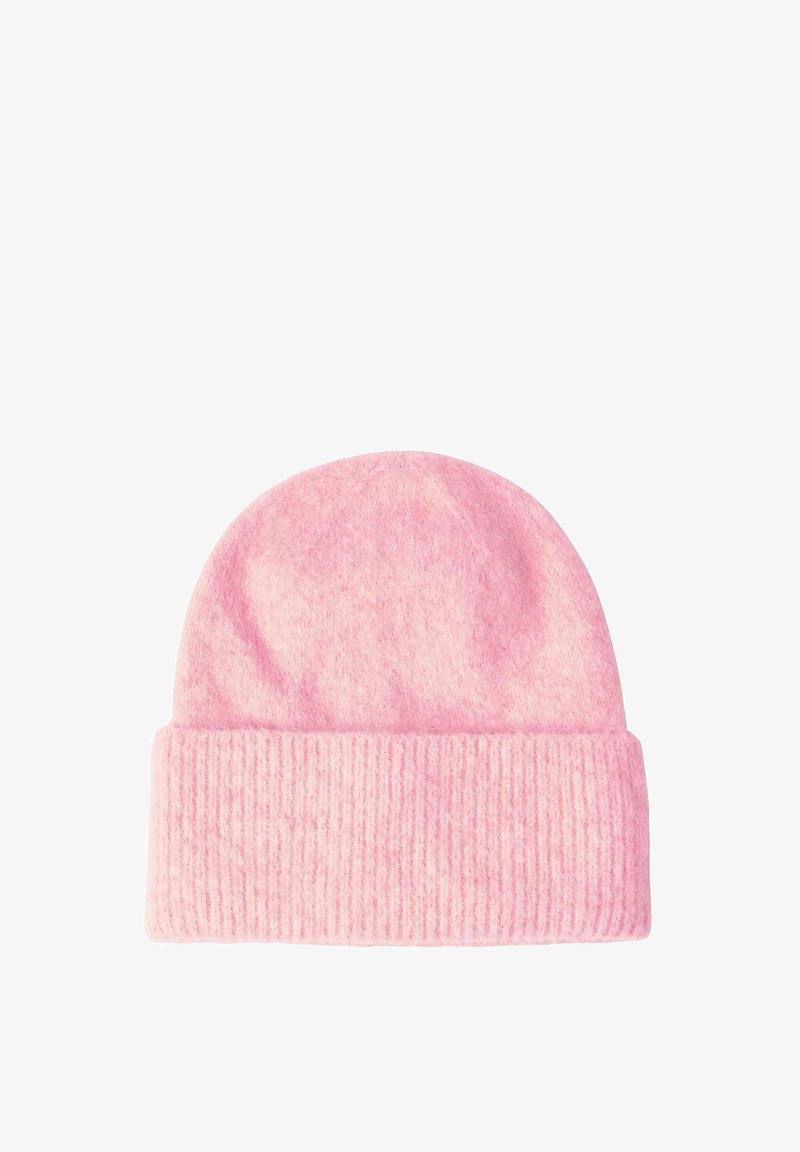 Roze gebreide beanie muts met een gladde body en geribbelde manchet. Gemaakt van zacht, flexibel materiaal en heeft een afgerond bovenstuk ontwerp.