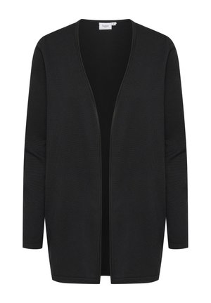 Crni kardigan otvorenog prednjeg dijela s dugim rukavima, napravljen od mekog, teksturiranog pletenog materijala. Ima jednostavan, minimalistički dizajn bez kopčanja.