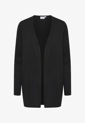 Cardigan noir ouvert à l'avant avec des manches longues, fabriqué dans un matériau tricoté doux et texturé. Présente un design simple et minimaliste sans fermetures.