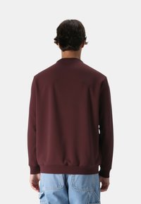 Felpa bordeaux con una texture liscia, colletto rotondo e polsini a coste. Indossata con pantaloni cargo azzurri.