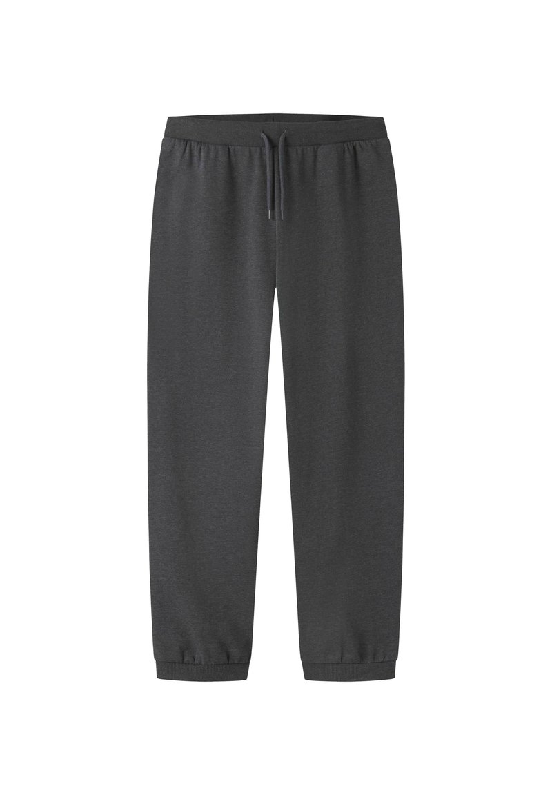 Mørkegrå joggingbukser lavet af blødt materiale, med elastisk taljebånd med snøre, tilspidsede manchetter og et enkelt design.