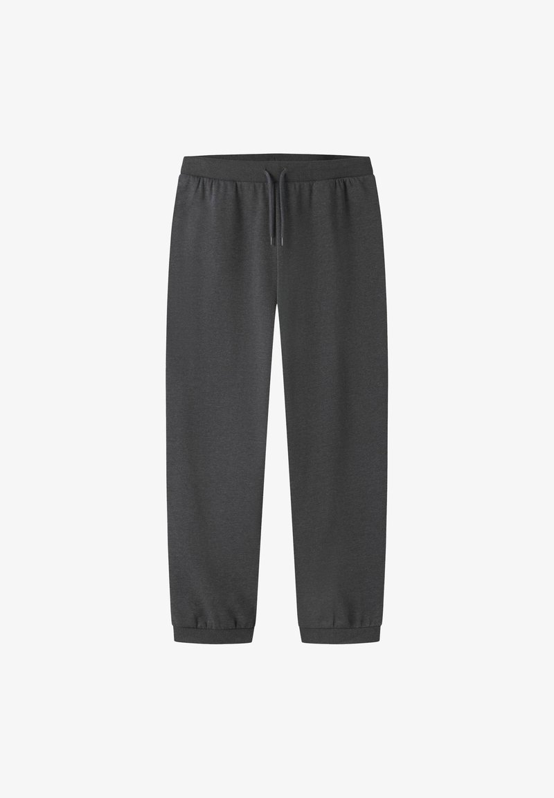 Dunkelgraue Jogginghose aus weichem Material, mit elastischem Bund und Kordelzug, schmal zulaufenden Bündchen und schlichtem Design.