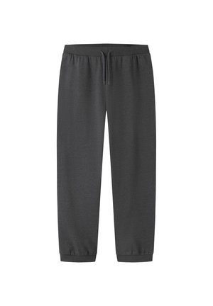 Ciemnoszare spodnie dresowe wykonane z miękkiego materiału, z elastycznym pasem ze sznurkiem, zwężanymi mankietami i prostym wzorem.