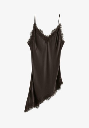 Abito sottoveste in raso marrone scuro con rifiniture in pizzo su scollo, lati e orlo asimmetrico, con sottili bretelle a spaghetti.