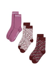 Tre par Karl Lagerfeld sokker: ett ensfarget rosa, ett hvitt med rødt logo-mønster, og ett burgunderrødt med rosa logo-mønster, alle i crew-lengde.