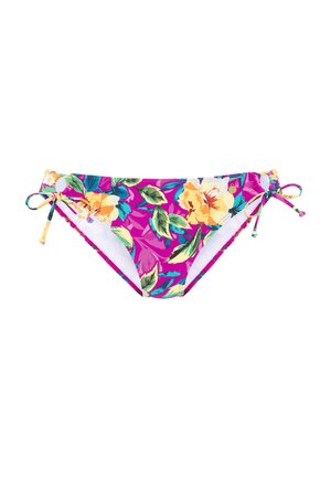 Blumengemusterter Bikini-Slip mit rosa Grundfarbe, großem gelb-grünem Hibiskusmuster, verstellbaren Seitenschnüren und glatter Textur.
